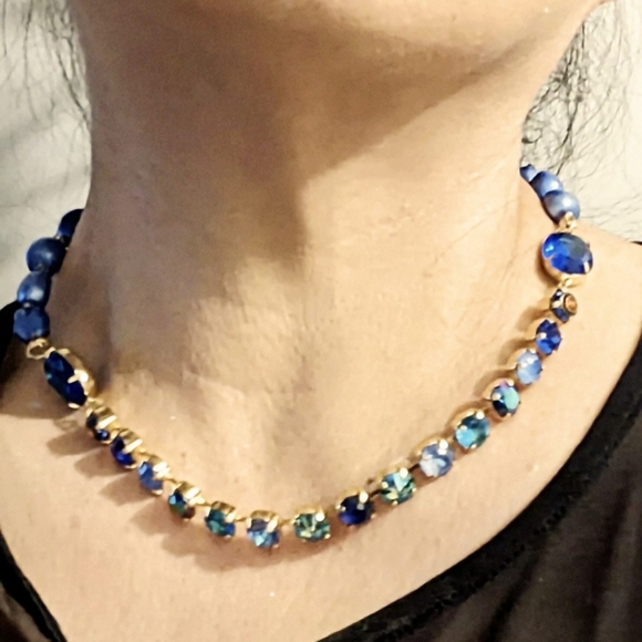 Dark Blue Metallic AB Crystal & Blue Baroque Pearl Statement Necklace - Picture 9 of 9